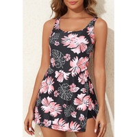 Black Floral Print Twisted Hollowed Back Swim Dress - L thumbnail