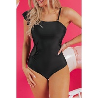 Black Asymmetric Ruffle Shoulder Pleated One Piece Swimsuit - M thumbnail