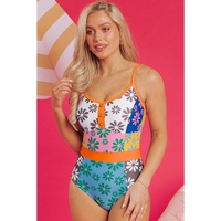 Orange Floral Colorblock Buttoned Decor Front Spaghetti Straps Teddy Swimsuit - M thumbnail