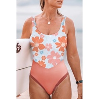 Orange Floral Patchwork Backless One Piece Swimsuit - M thumbnail