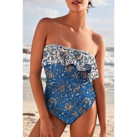 Sky Blue Floral Printed Ruffle Removable Strap One Piece Swimsuit - M thumbnail