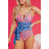 Blue Geometric Print Hollow Out Knotted Waist One Piece Swimsuit - L thumbnail