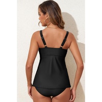 Black Crossed V Neck Adjustable Strap Babydoll Tankini Top - M thumbnail