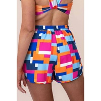 Rose Geometric Printed Drawstring Waist Beach Shorts with Pockets - L thumbnail
