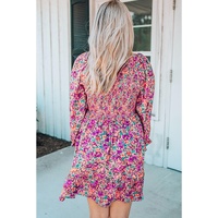 Purple Smocked V Neck Puffy Sleeve Floral Dress - M thumbnail