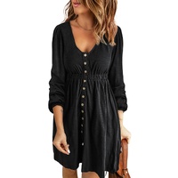 Black Button Up High Waist Long Sleeve Dress - M thumbnail