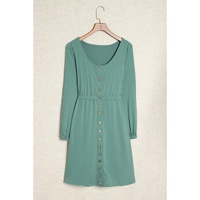 Green Button Up High Waist Long Sleeve Dress - S thumbnail