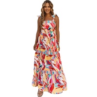 Multicolor Abstract Print Striped Trim Maxi Sundress - L thumbnail