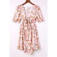 White Floral Print Bow Knot Backless Square Neck Mini Dress - S thumbnail