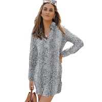 Long Sleeve Leopard Animal Print Shirt Dress - S thumbnail