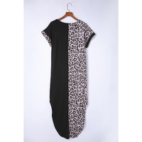 Black Contrast Solid Leopard Short Sleeve T-shirt Dress with Slits - S thumbnail