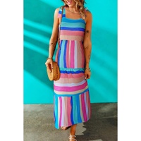 Multicolor Color Block Striped Bow Knot Straps Maxi Dress - XL thumbnail