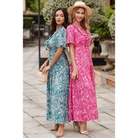 Pink Paisley Print Boho Holiday Ruffle Tiered Maxi Dress - L thumbnail