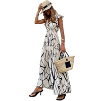 White Abstract Vein Print V Neck Ruffle Maxi Dress - XL thumbnail