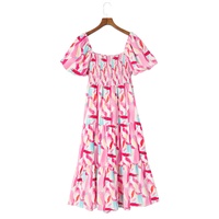 Pink Brush Stroke Printed Smocked Ruffle Tiered Dress - S thumbnail