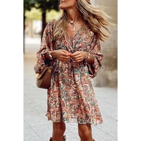 Brown Geometric Print Long Sleeve Surplice Flowy Dress - S thumbnail