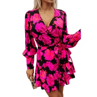 Rose Floral Print V Neck Wrap Bishop Sleeve Ruffle Tiered Mini Dress - M thumbnail
