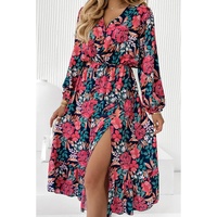Azura Exchange Red V Neck Elastic High Waist Split Floral Dress - S thumbnail