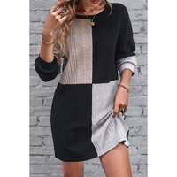 Black Ribbed Color Block Drop Shoulder Long Sleeve Mini Dress - M thumbnail