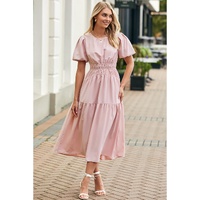 Pink Puff Sleeve Pleated High Waist Flowy Long Dress - L thumbnail
