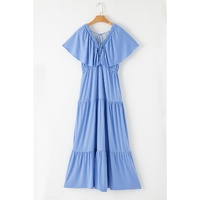Sky Blue Textured V Neck Flutter Sleeve Ruffled Maxi Dress - XL thumbnail