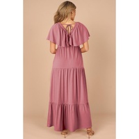Rose Pink Textured V Neck Flutter Sleeve Ruffled Maxi Dress - 2XL thumbnail