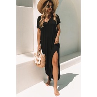 Black V Neck Hidden Pocket Splits Maxi T-shirt Dress - M thumbnail
