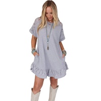 Light Grey Lace Floral Patchwork Ruffled T-shirt Dress - M thumbnail