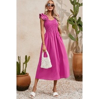 Rose Red Solid Color Ruffled Straps Smocked Ruched Maxi Dress - S thumbnail
