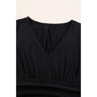 Black Short Sleeve Shirred High Waist V Neck Maxi Dress - L thumbnail