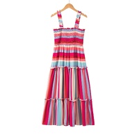 Red Stripe Ruffled Straps Smocked Tiered Long Dress - S thumbnail