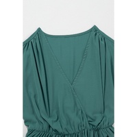 Blackish Green Solid Color V Neck Wrap Pleated Short Sleeve Maxi Dress - L thumbnail