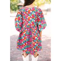 Sky Blue Floral Print Tie Split Neck Bubble Sleeve Babydoll Dress - M thumbnail