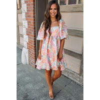 Pink Summer Floral Square Neck Puff Sleeve Babydoll Dress - L thumbnail