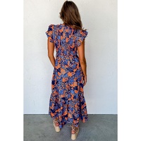 Dark Blue Boho Floral V Neck Ruffle Tiered Long Dress - S thumbnail