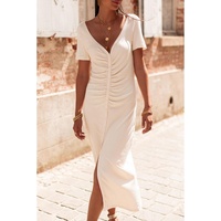 Beige V Neck Ruched Button Front French T-shirt Dress - L thumbnail