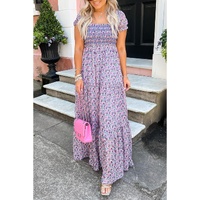 Purple Floral Short Bubble Sleeve Shirred High Waist Maxi Dress - XL thumbnail