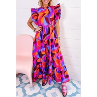 Orange Abstract Printed High Waist Ruffle Tiered Long Dress - L thumbnail