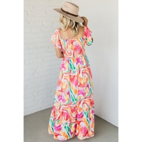Pink Abstract Print Ruffled Sleeve Smocked Bust Maxi Dress - S thumbnail