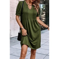 Fern Green Notched Neck Pleated Puff Sleeve Shift T-shirt Dress - M thumbnail