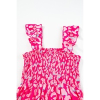 Pink Leopard Ruffle Straps Smocked High Waist Long Dress - L thumbnail