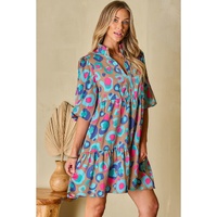 Green Leopard Print Bubble Sleeve Slit Neck Ruffled Dress - XL thumbnail