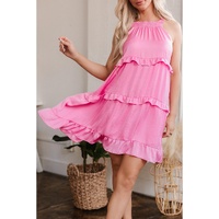 Pink Smocked Neck Knot Back Frilly Tiered Sleeveless Mini Dress - XL thumbnail