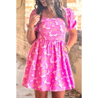 Rose Floral Print Square Neck Empire Waist Flowy Dress - M thumbnail