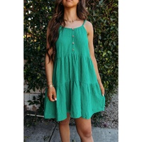 Sea Green Textured Buttoned Thin Strap Tiered Loose Fit Mini Dress - S thumbnail