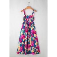 Dark Blue Floral High Waist Sleeveless Flared Long Dress - M thumbnail