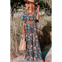 Sky Blue Floral Knotted Back Square Neck Maxi Dress - S thumbnail