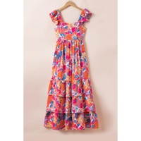 Pink Floral Print Sleeveless Ruffle Tiered Maxi Dress - L thumbnail