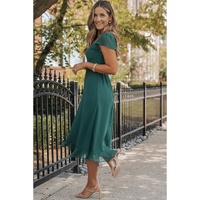 Sea Green Shirred Open Back Sweetheart Neck Ruffled Midi Dress - M thumbnail