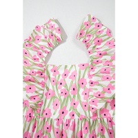 Pink Floral Print Square Neck Ruffled Strap Maxi Dress - 2XL thumbnail
